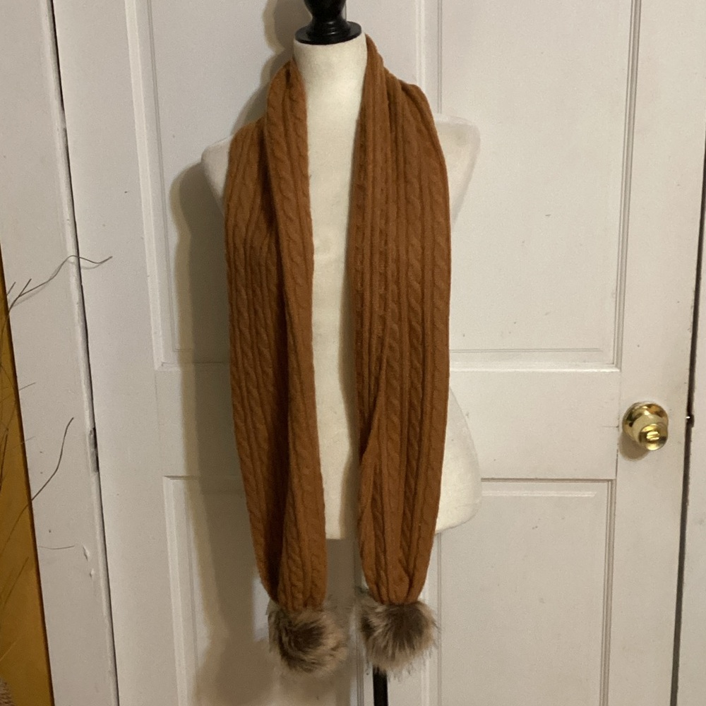 Frye and Co. Cozy Tan Scarf with Fur Pom Poms